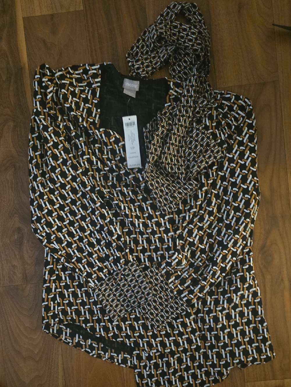 Chico's Black, White & Mustard Chain Link Blouse